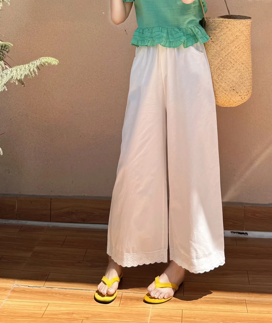 Sunshine【松弛裤】蕾丝花边女夏季高腰松紧直筒九分休闲裤阔腿裤