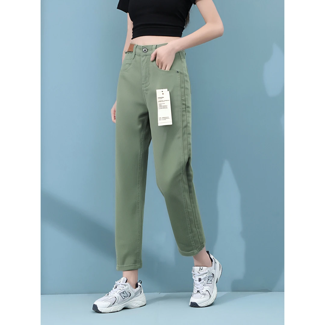 春季新款时尚贴布高腰糖果色牛仔烟管裤女休闲显瘦九分直筒裤子