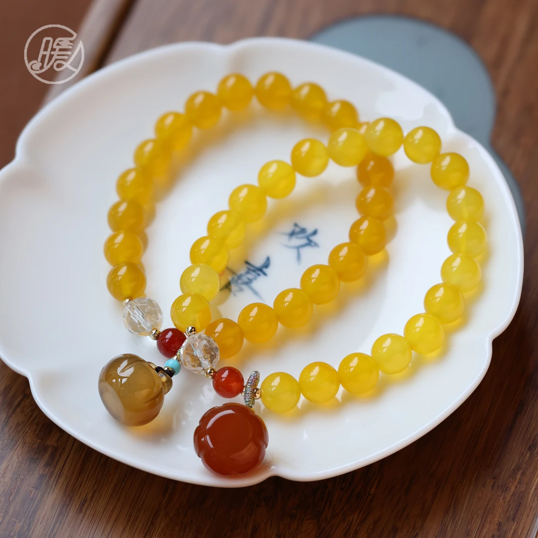 单圈E80黄玛瑙手链8mm带南瓜吊坠手链多样性发一