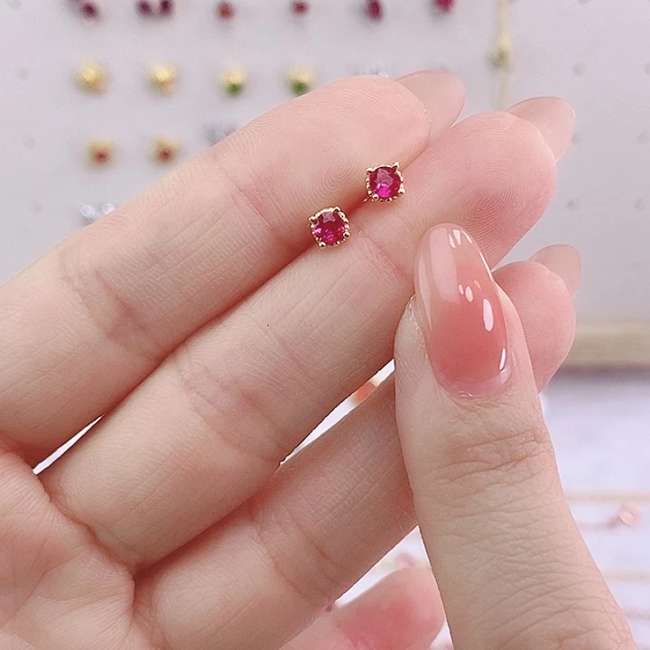 红宝石耳饰银S925镶嵌红刚玉