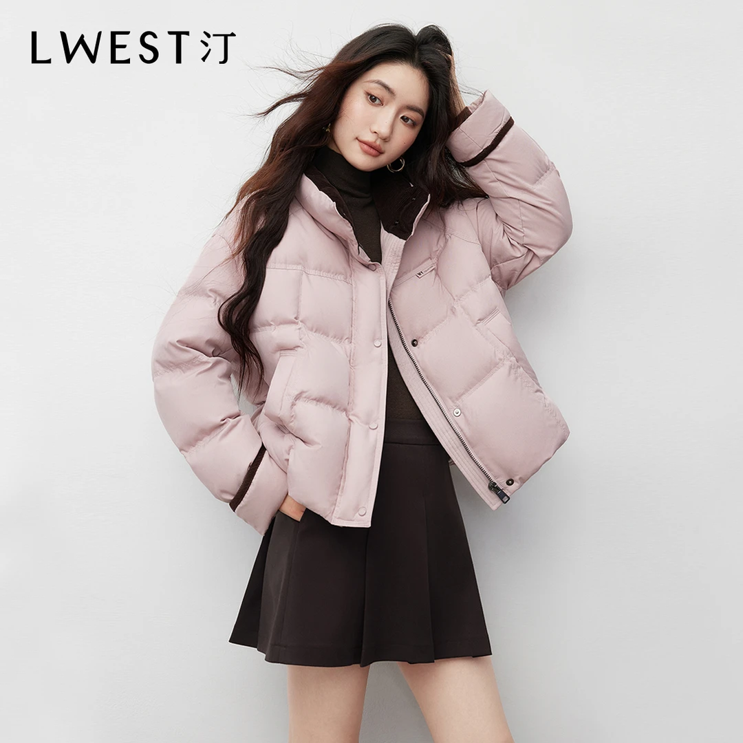 T朗文斯汀立领羽绒服女2025冬季新款撞色拼接小个子短款保暖外套