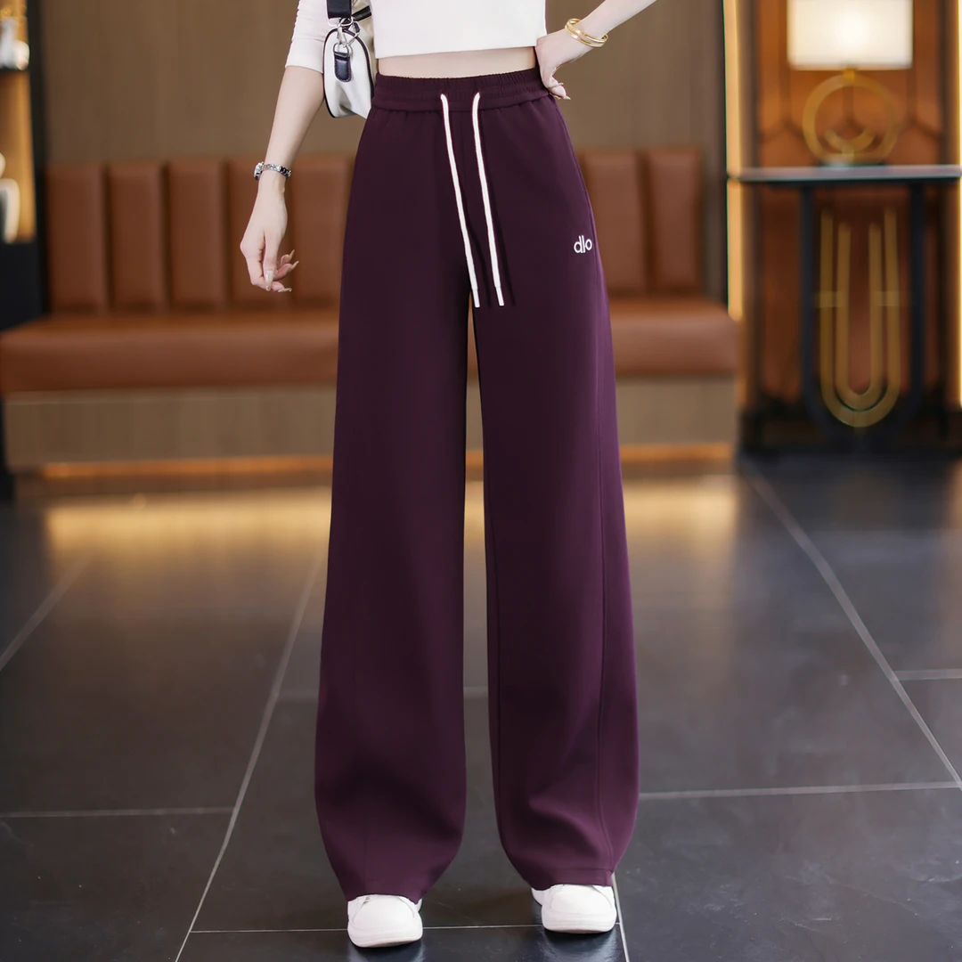 松紧腰阔腿运动裤女士秋季2025新款抽绳高腰显瘦宽松垂感直筒卫裤