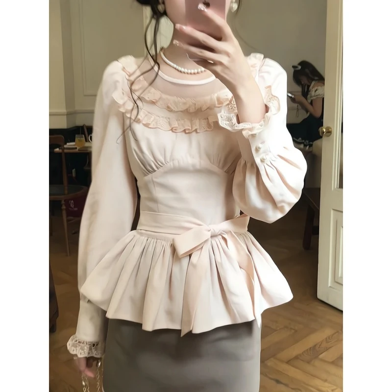 日系甜美长袖衬衣上衣绑带圆领网纱收腰撞色半裙包臀裙短裙一步裙
