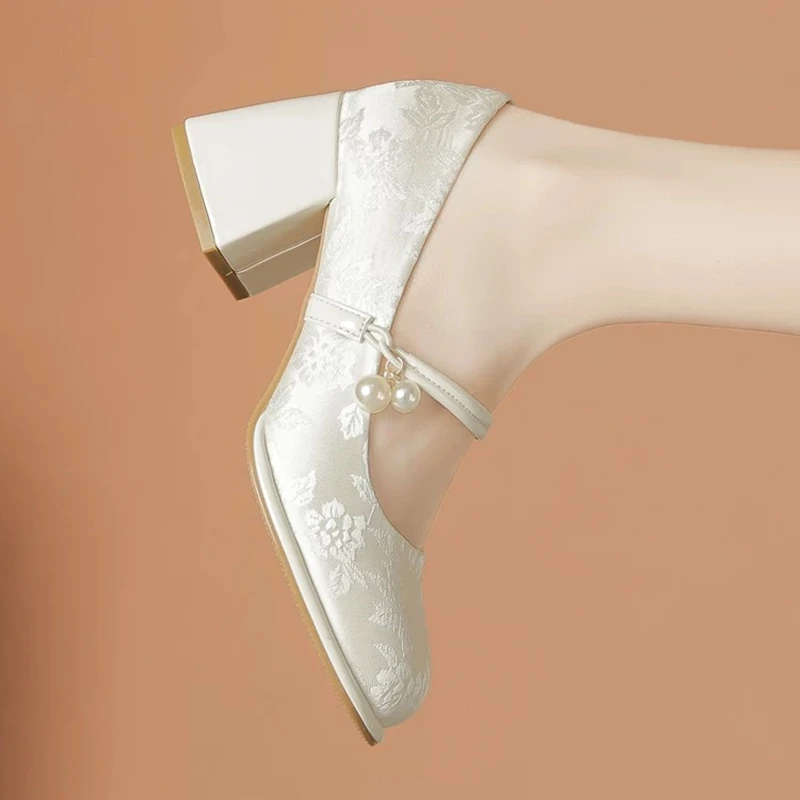 巨舒适~好穿的玛丽珍女鞋春秋配裙子旗袍新中式国风绸缎高跟鞋女