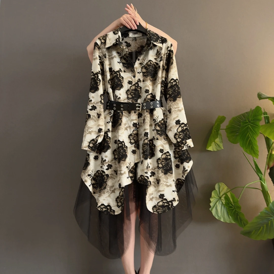 常规拼接POLO领中长裙大码连衣裙春季松紧腰百搭长袖成人