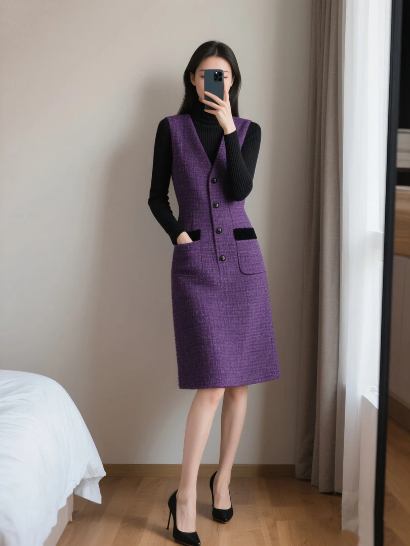 2025秋冬季新款紫色v领背心裙时尚气质优雅显瘦洋气百搭款连衣裙