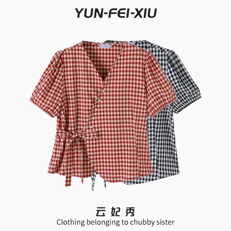 云妃秀大码女装T恤简约百搭时尚V领上衣胖妹妹显瘦减龄休闲夏9879