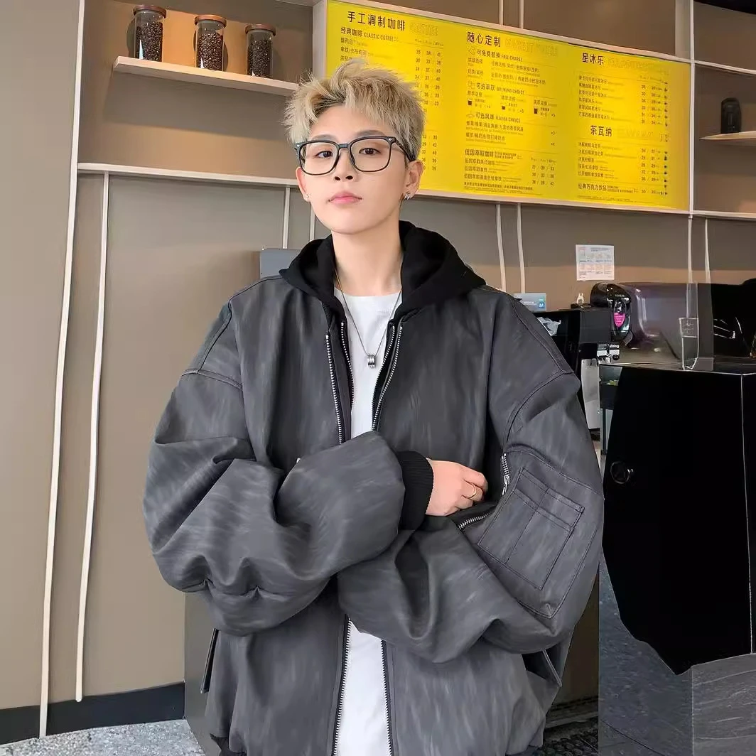 2025假两件连帽外套男春季新款美式设计感小众痞帅宽松飞行员夹克