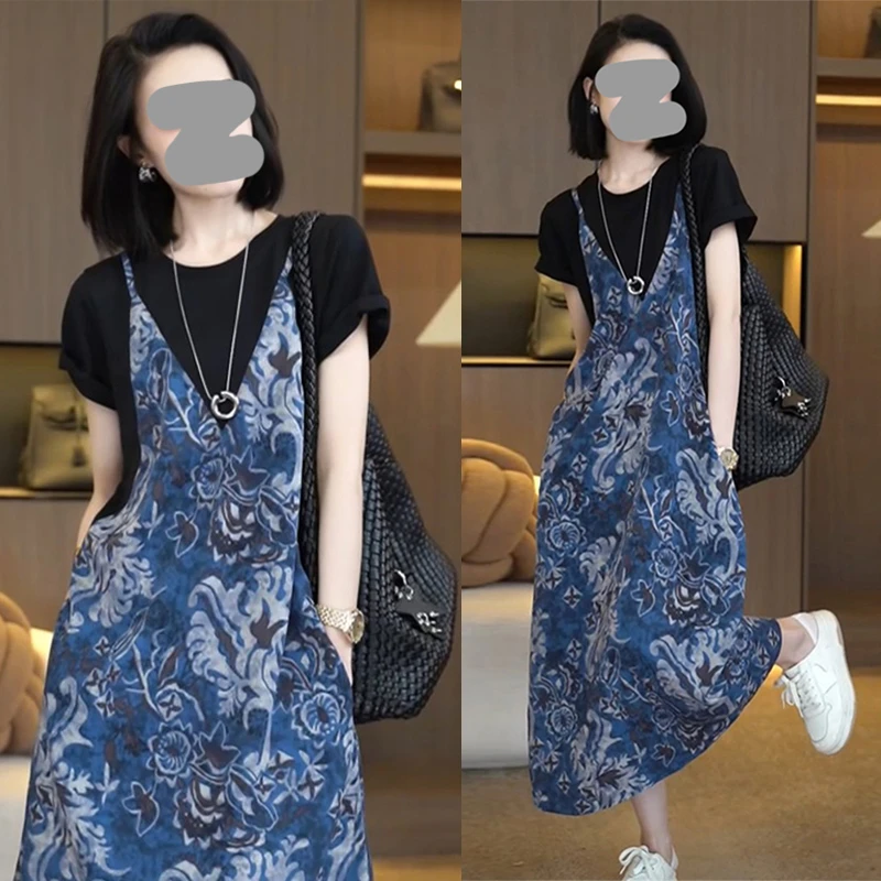 复古印花假两件短袖连衣裙女夏季新款时尚洋气显瘦中长款A字裙子