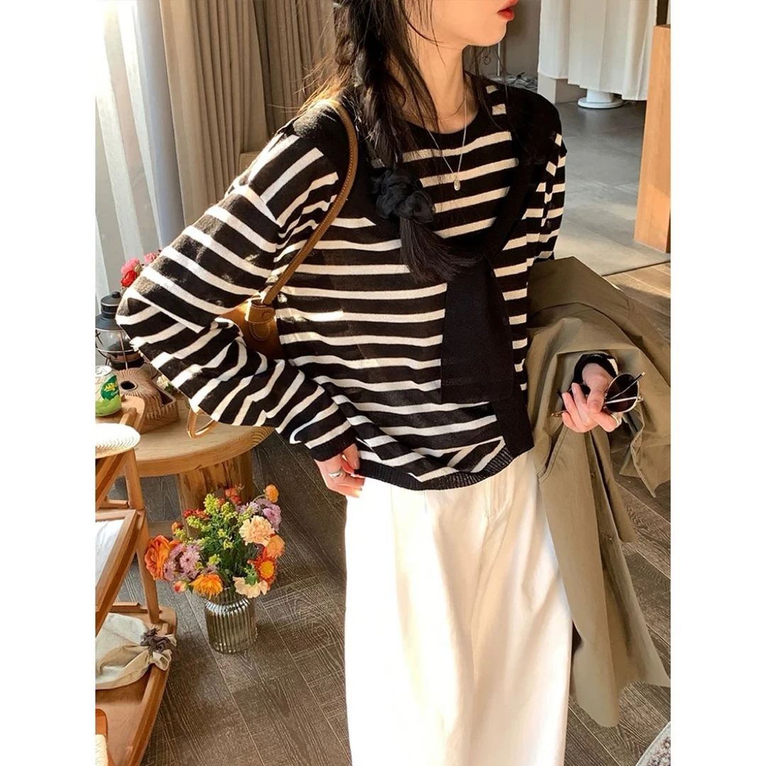 韩系减龄简约百搭休闲慵懒风撞色条纹长袖T恤披肩两件套7812#0.1