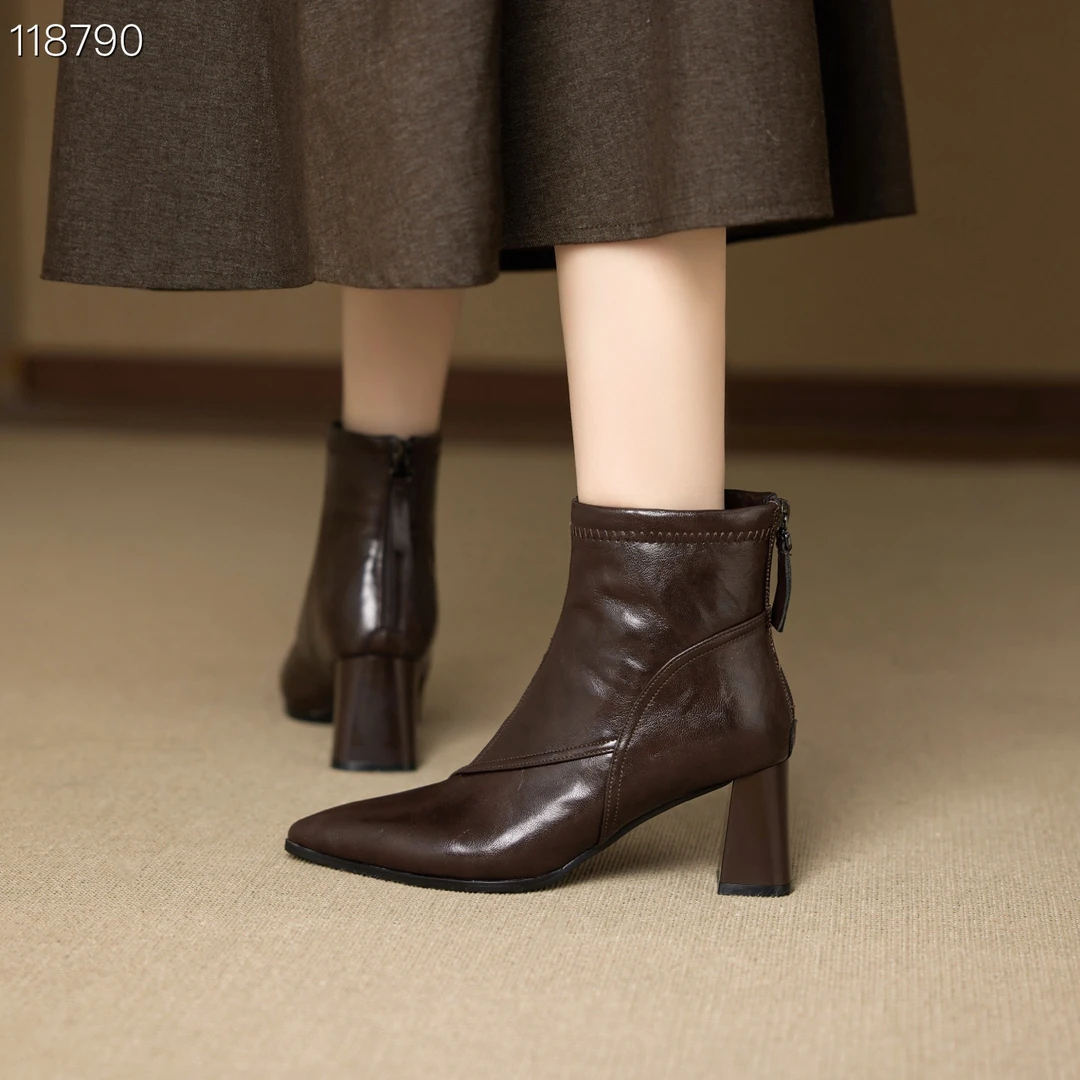 秋冬季尖头细跟短靴真皮加绒防滑舒适百搭气质轻职风时尚女靴