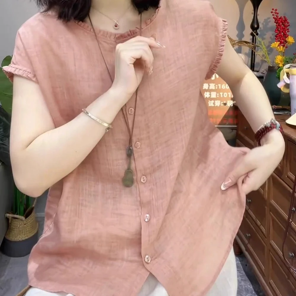 大码斜纹苎麻花边领衬衫女2025夏季新款单排多扣显瘦百搭气质小衫