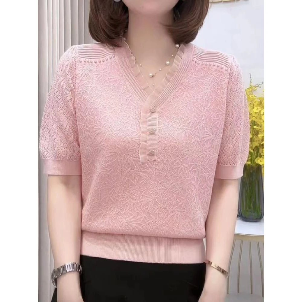 【店铺热销】气质V领钉珠提花冰丝针织衫短袖女夏季新款薄款气质宽