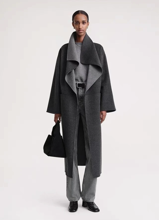 杰瑞【特有温度】纯手缝双层羊绒羊毛侧开叉长款宽松大翻领大衣外套