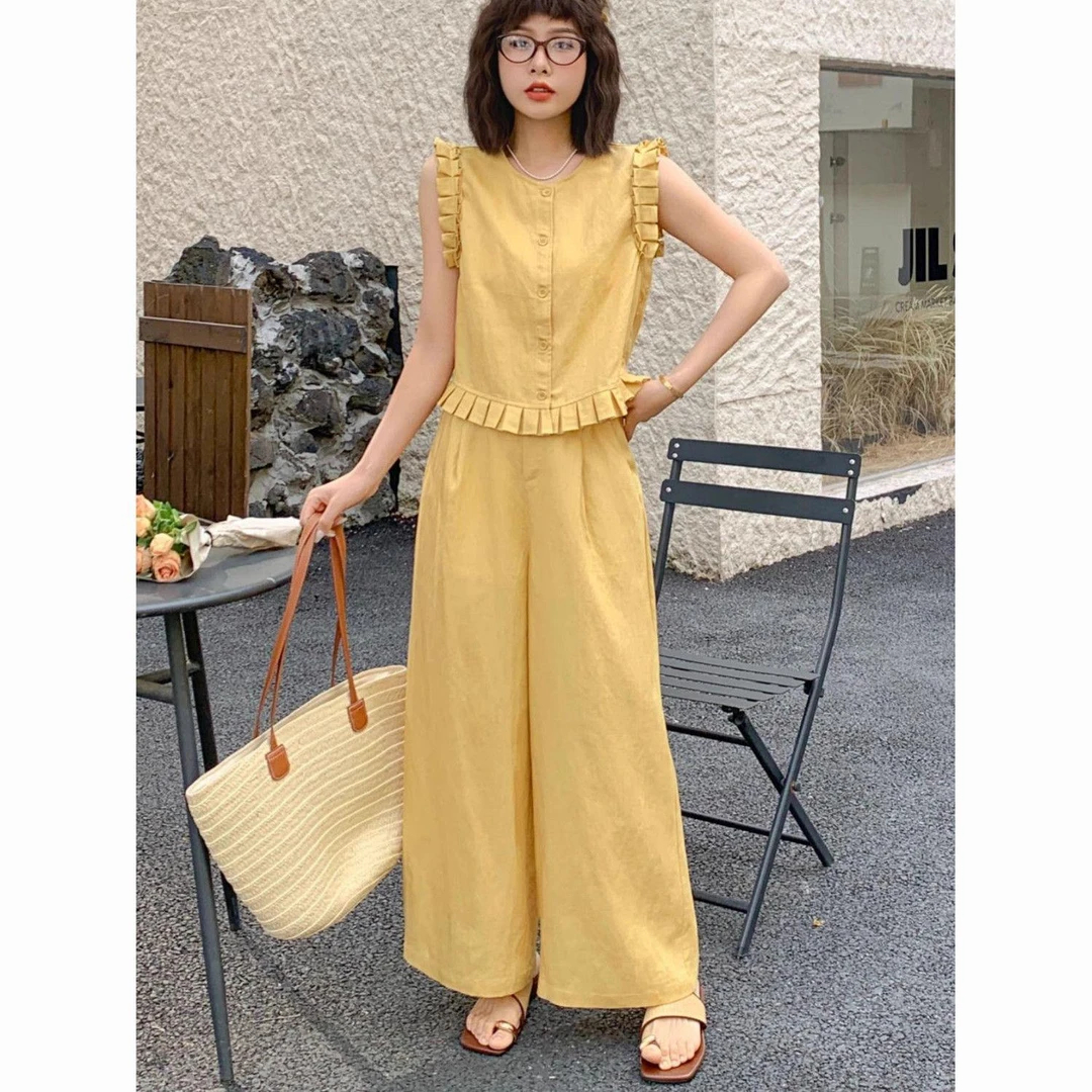 欧洲站2025夏时尚百搭圆领木耳边无袖马甲+阔腿裤两件套装女显瘦