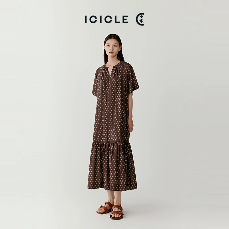 ICICLE之禾女装全棉细布V领短袖设计感印花中长连衣裙1088
