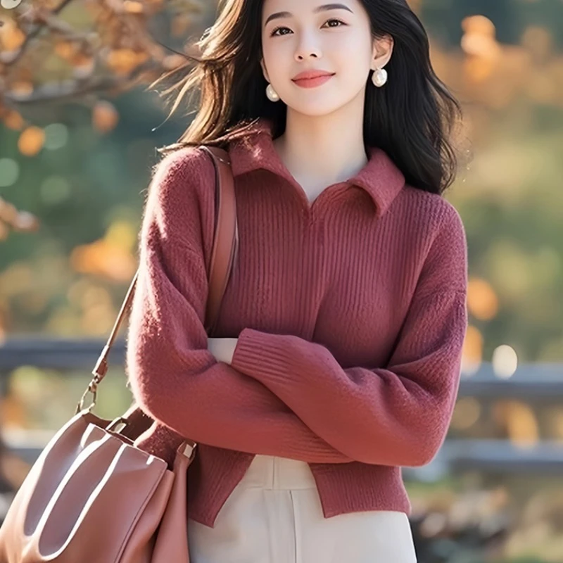 紫红色翻领开叉设计加厚毛衣针织衫女款2024新款深秋初冬穿搭上衣
