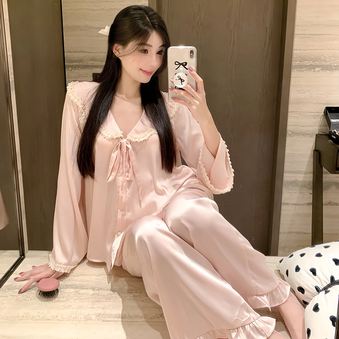 【乔娜家福利】睡衣家居服春夏款女款可外穿亲肤柔光锻面翻领四件套