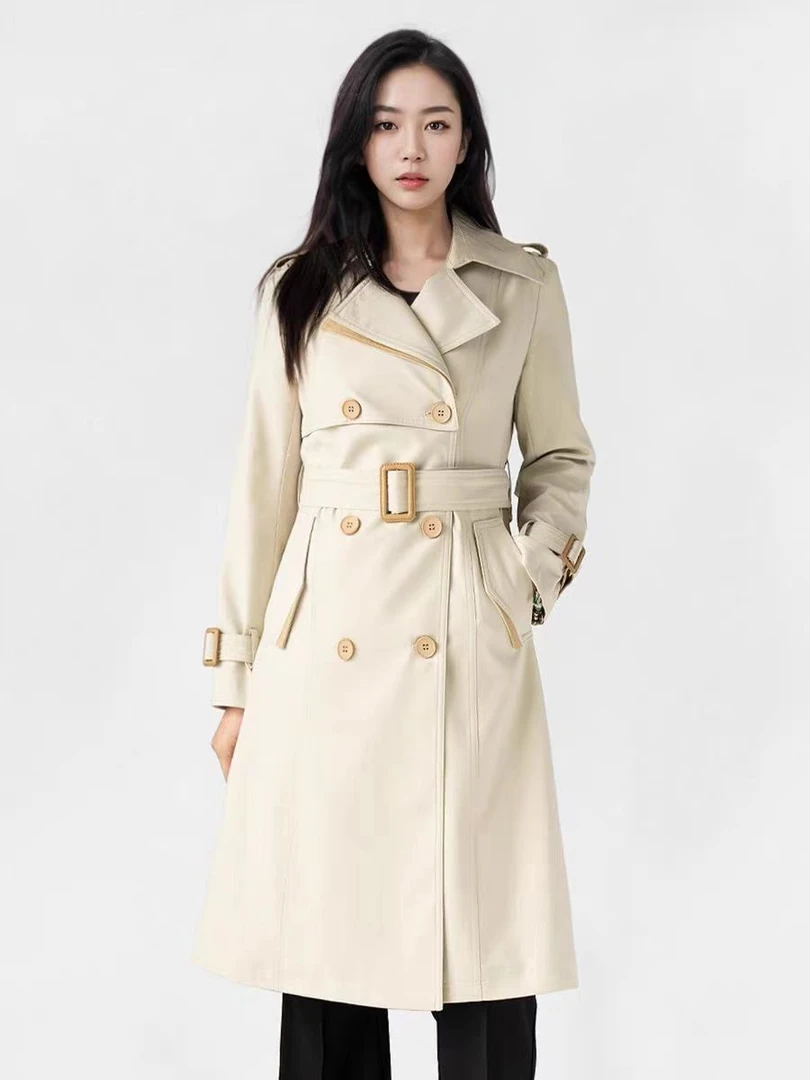 高级感赫本风欧式风衣女2025年春秋英伦气质中长款大衣拼色外套