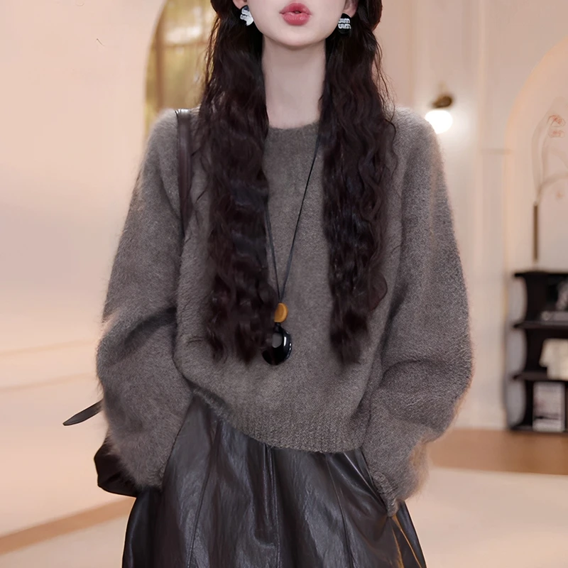 灰色慵懒松弛感套头针织衫女春秋小个子宽松中长款蝙蝠袖休闲毛衣