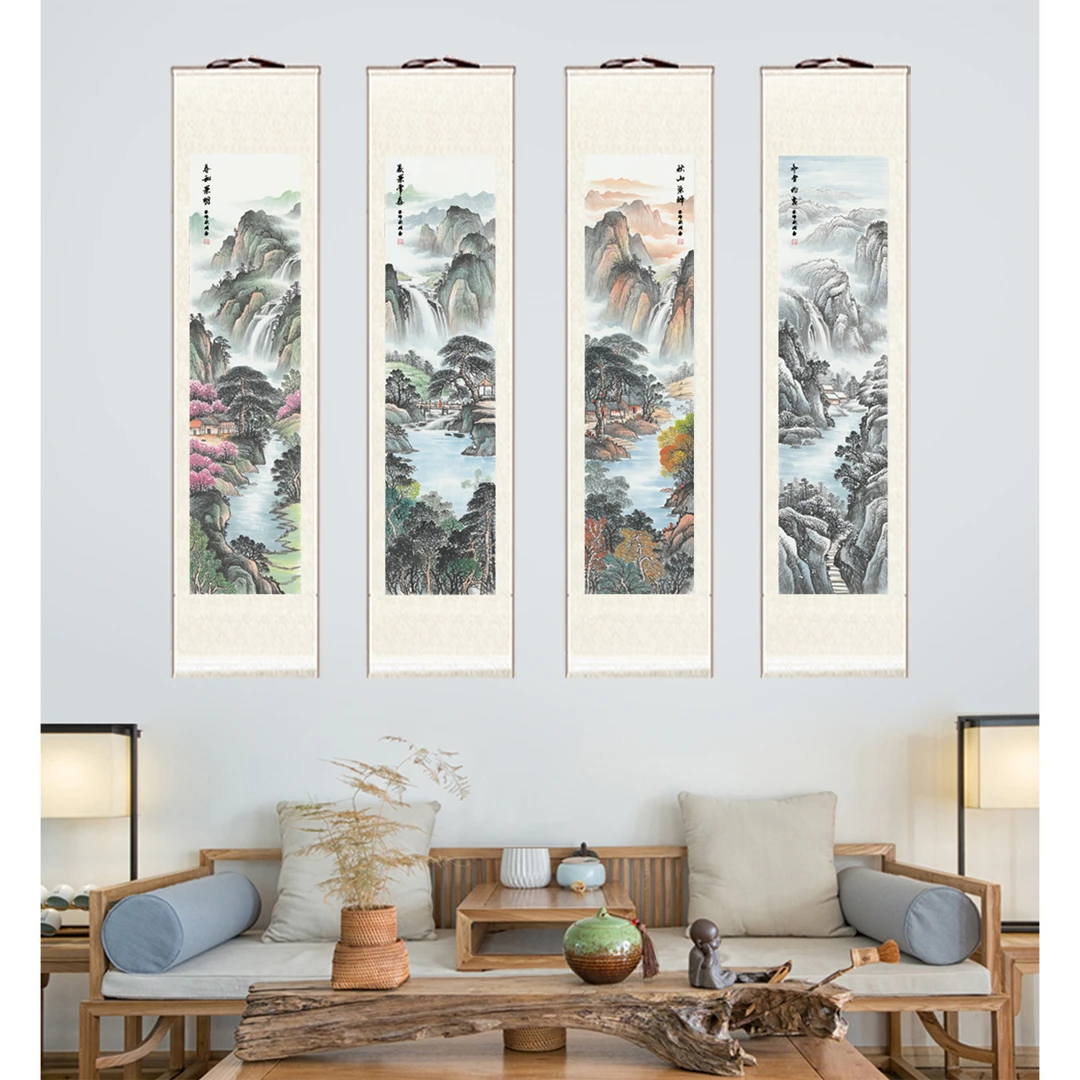 新新中式国风玄关画横幅装裱卷轴画《春夏秋冬四条屏》