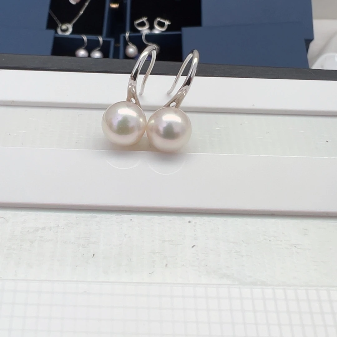 海水珍珠银S925镶嵌耳饰Akoya耳钉8-9mm可定制爱