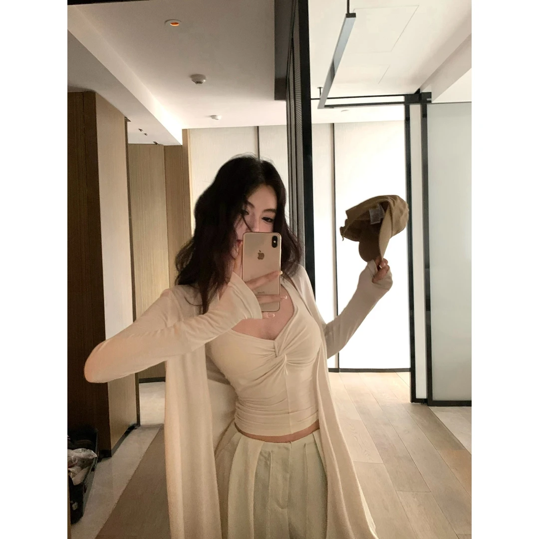 实拍实价秋季新款宽松压褶显瘦长裤+中长款开衫落肩长袖显瘦薄款