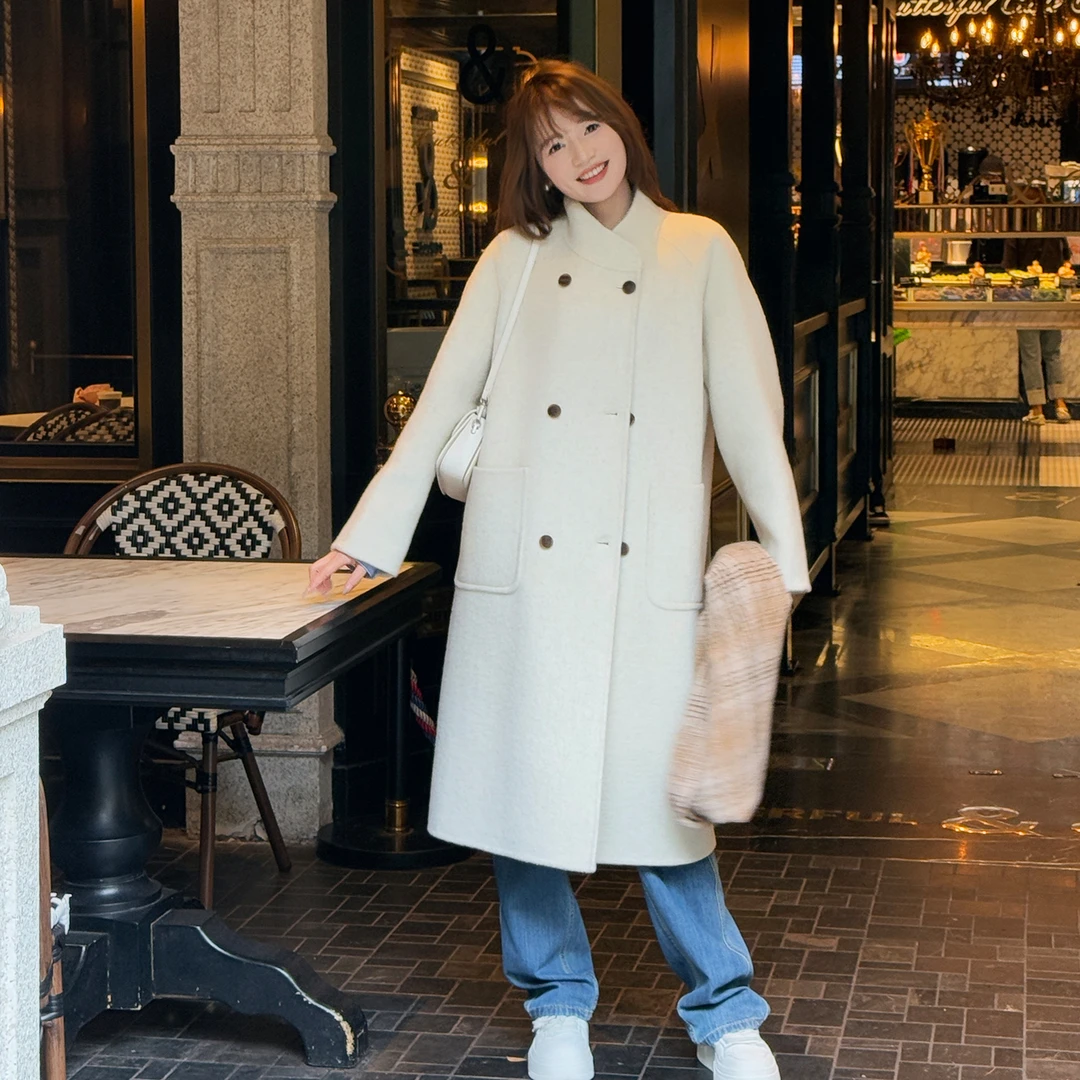 韩版经典双排扣简约风百搭气质时尚复古宽松长款羊毛大衣 25009