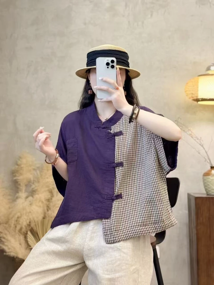 夏季新品休闲时尚不规则百搭盘扣撞色女士上衣（90-150斤）