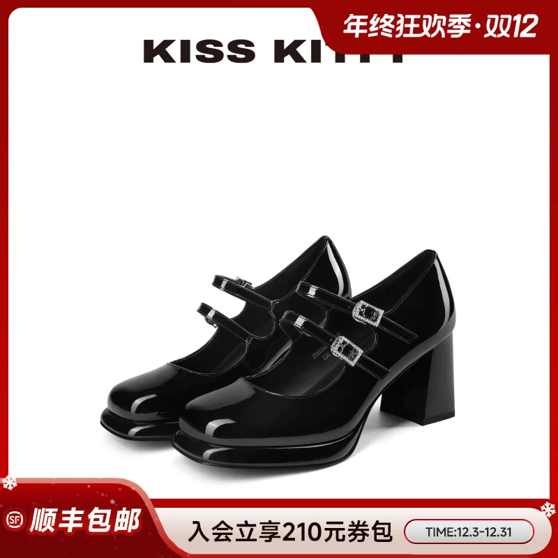 Kiss Kitty甜酷单品~显瘦双带玛丽珍鞋25年浅口粗跟单鞋配裙制服