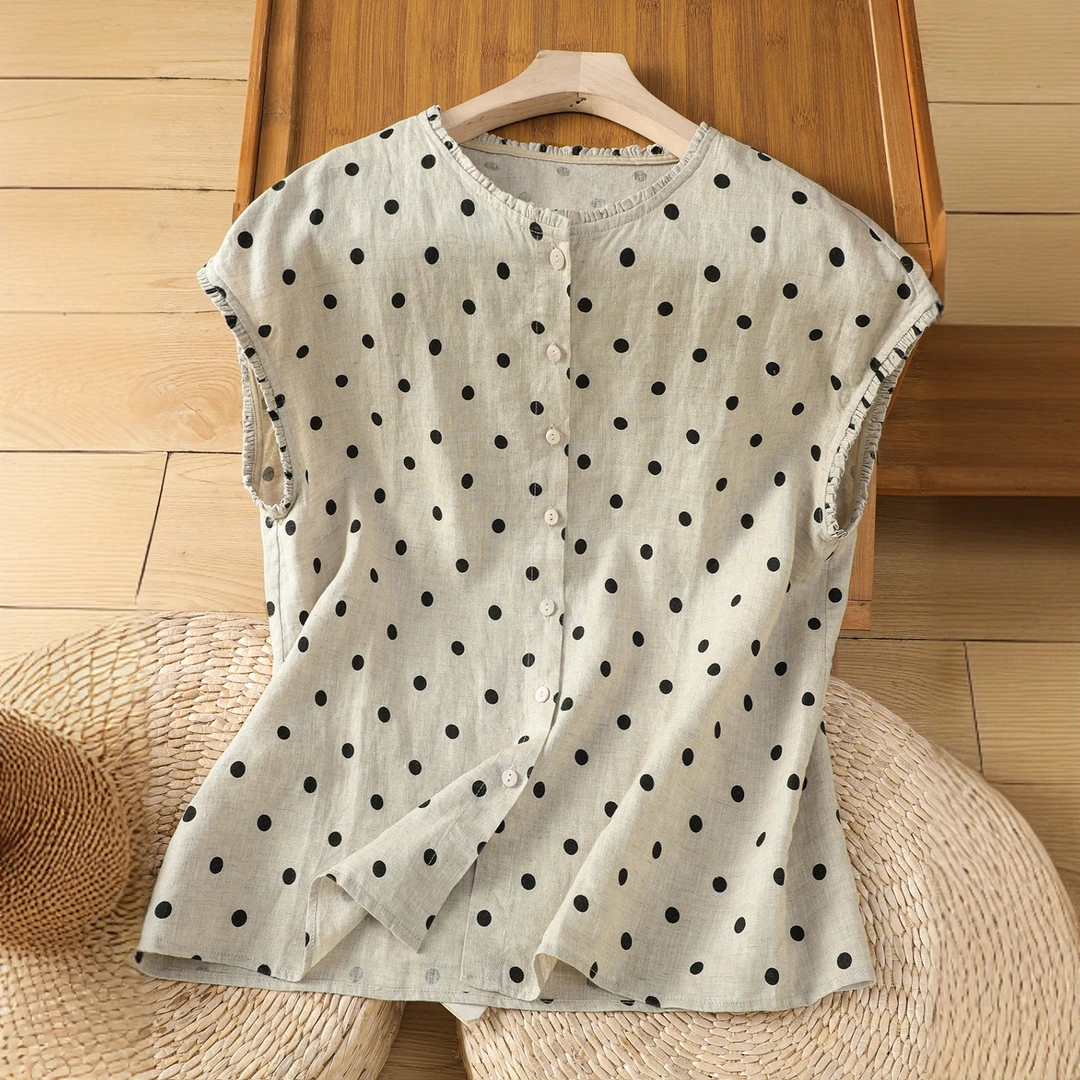 1253文艺气质纯棉波点女士无袖宽松显瘦舒适花边袖口背心上衣女