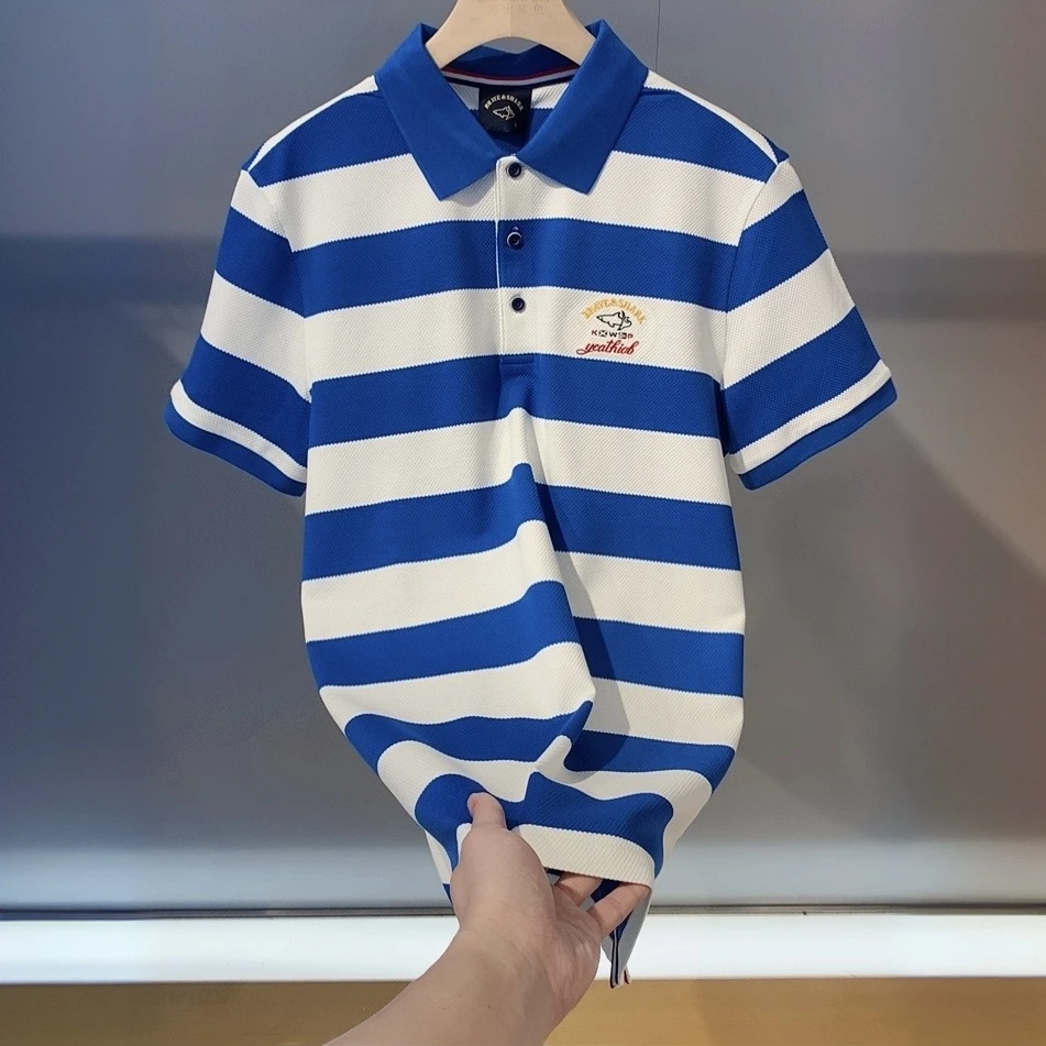 BRAVE&SHARK/勇士鲨鱼男士夏季薄款条纹商务轻奢polo衫翻领8324