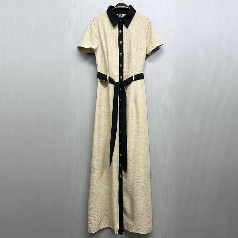 外贸原单170高个子短袖POLO领单排扣A字裙女装气质宽松显瘦连衣裙