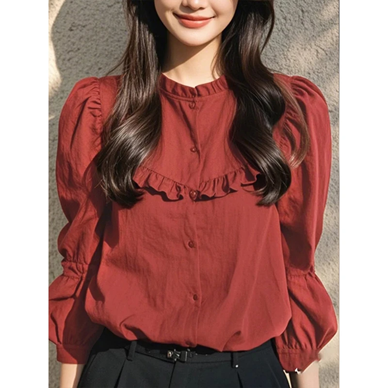 法式安格红色上衣女春2025新款高级感洋气独特别致复古衬衫D0264