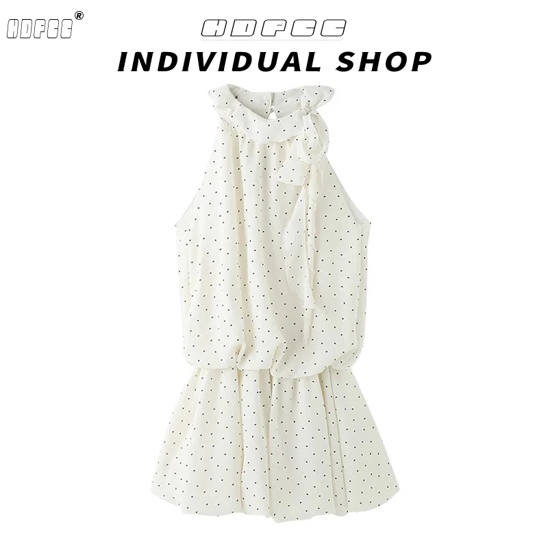 白色挂脖绑带背心连衣裙女装2025夏季韩系修身收腰无袖a字短裙子