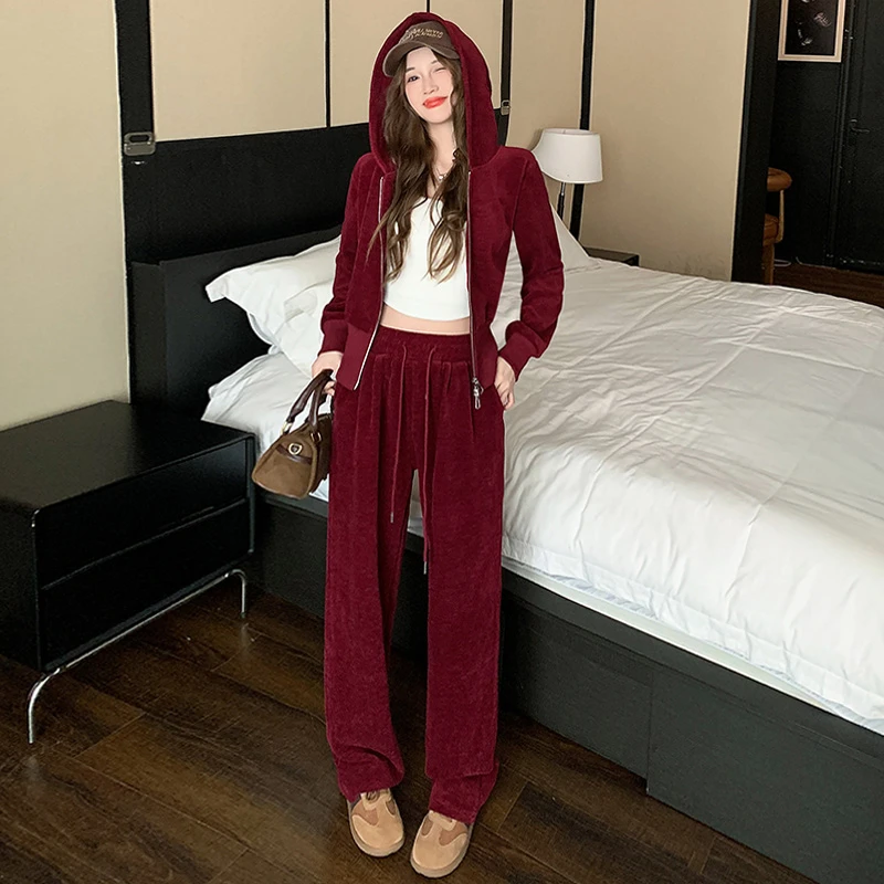 韩风时尚休闲运动套装女春连帽拉链开衫阔腿裤两件套优雅显高显瘦