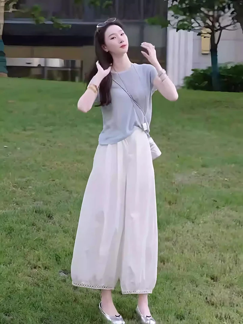 独特漂亮绝美穿搭一整套2025新款夏季休闲小个子白色裤子两件套女