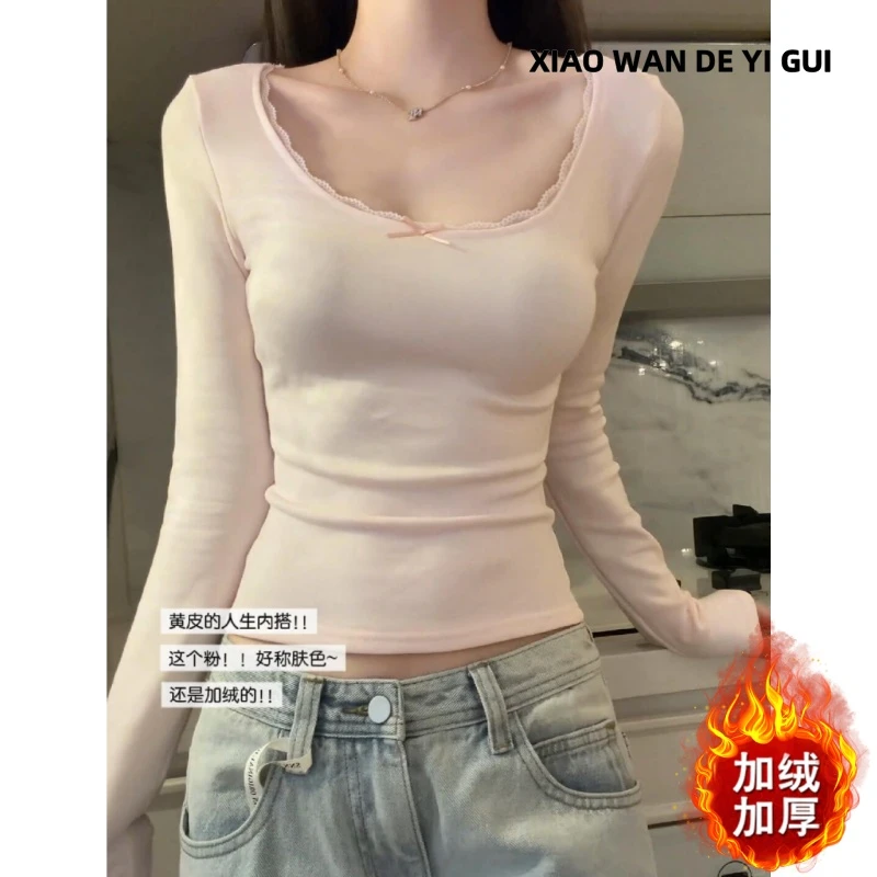 韩系蕾丝U领德绒打底衫女秋冬内搭短款上衣纯欲修身加绒保暖T恤衫