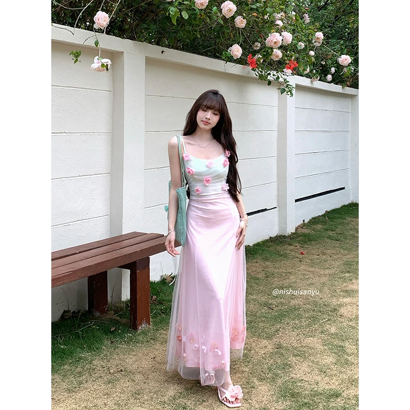 溺水三鱼【花园梦境】夏季度假风氛围感温柔梦幻渐变花朵网纱吊带裙