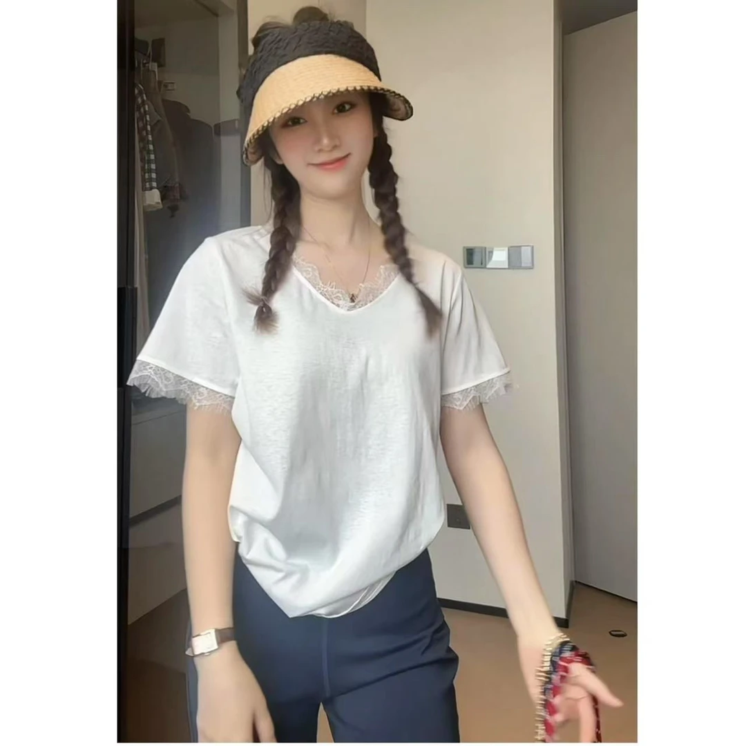 【天天专属】16699 气质舒适百搭蕾丝拼接短袖上衣T恤女