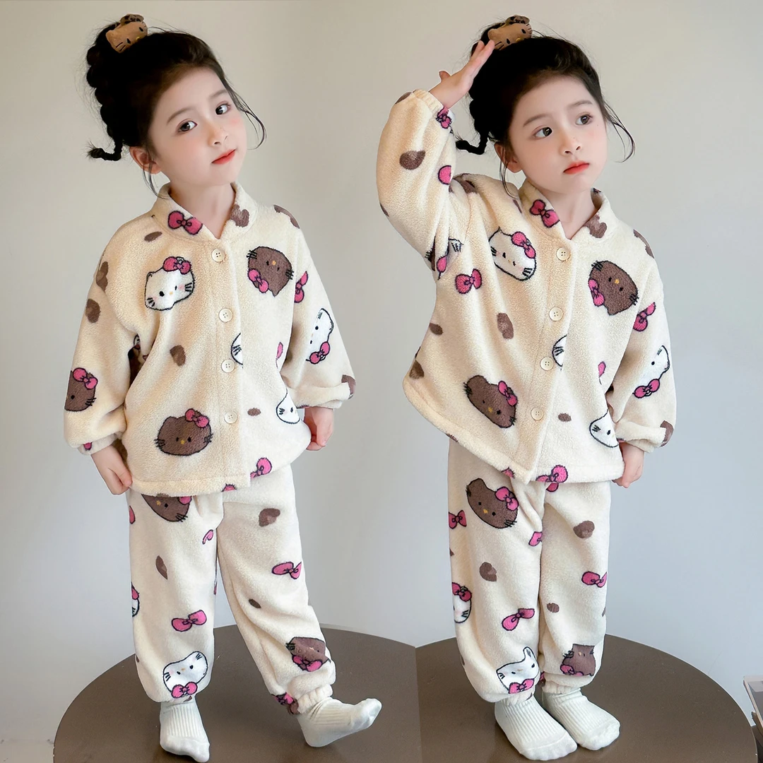 儿童睡衣女孩珊瑚绒冬季立领加厚套装女宝宝法兰绒冬款女童家居服