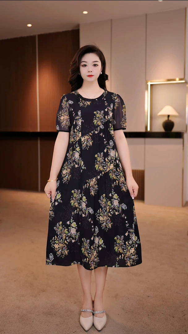 25年夏款大码女装遮肉显瘦抗皱吸汗收腰连衣裙 [Y2] SXE-25-3236