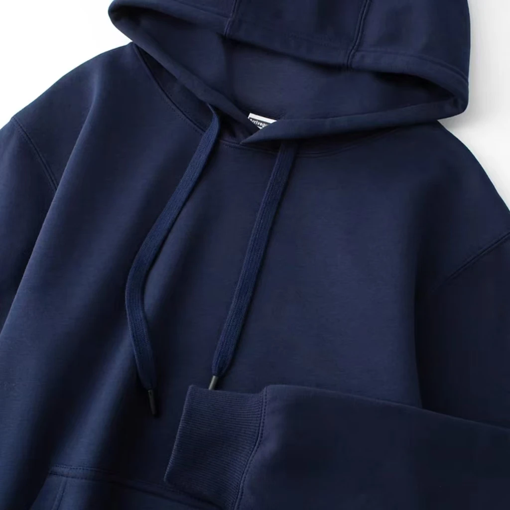 重磅复古藏青色连帽卫衣男秋冬款藏蓝色宽松大码休闲帽衫女春秋款