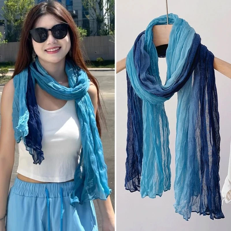 网红同款棉麻围巾女春秋长款文艺复古褶皱丝巾百搭时尚薄款围脖男