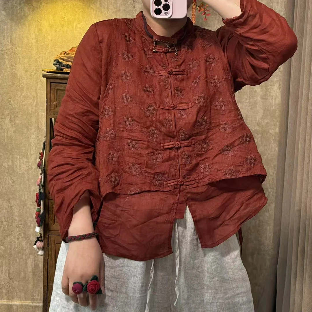 爱麻吖 春夏新款苎麻刺绣假两件气质百搭小衫新中式