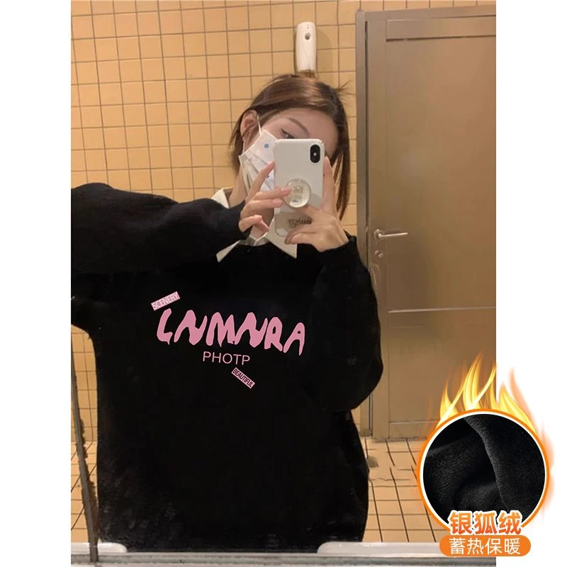 2024美式oversize小众黑色字母印花卫衣复古宽松秋冬加绒上衣外套