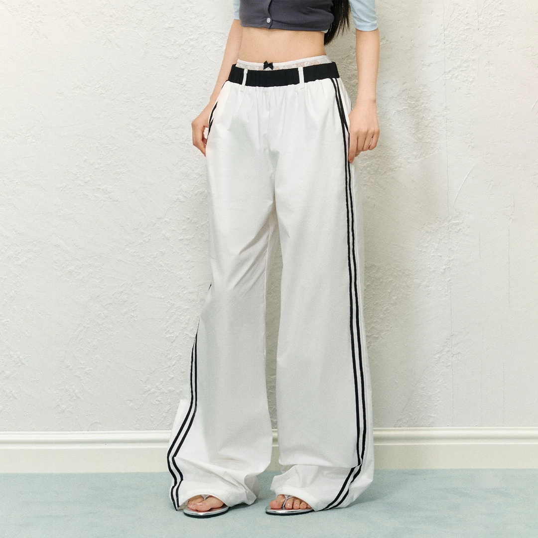 AGAM STUDIO【官方专享】蕾丝拼接双腰头假两件长裤撞色阔腿休闲裤