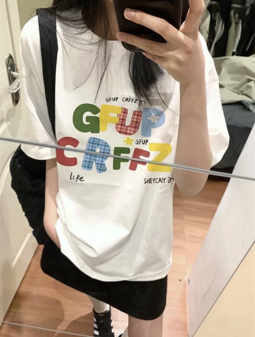 韩版ins风小众字母印花100%纯棉t恤女生夏季新款宽松百搭简约短袖