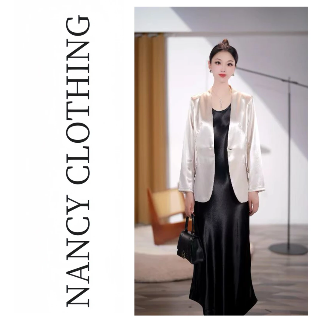 【南希定制】2102高级醋酸无领外套女夏季薄款宽松休闲气质短款西服