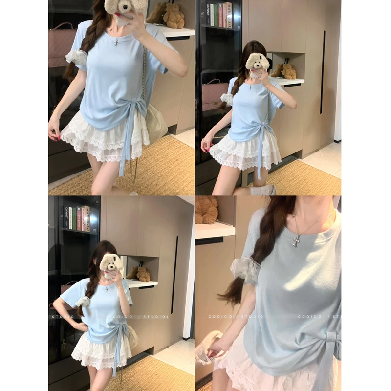 【48小时现货】韩系正肩圆领短袖T恤夏季蓝色不规则设计感休闲上衣